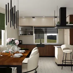 Wizualizacja nowoczesnej kuchni z wyspą, drewnianym stołem jadalnym i czarnymi akcentami, widok na zalesione wzgórza przez okno.