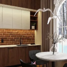 Kuchenne wnętrze z ceglaną ścianą, drewnianymi szafkami, białymi blatami, okrągłym stołem z marmurowym blatem, krzesłami i oknem z widokiem na zimowy krajobraz. Nad stołem zawieszone lampy...