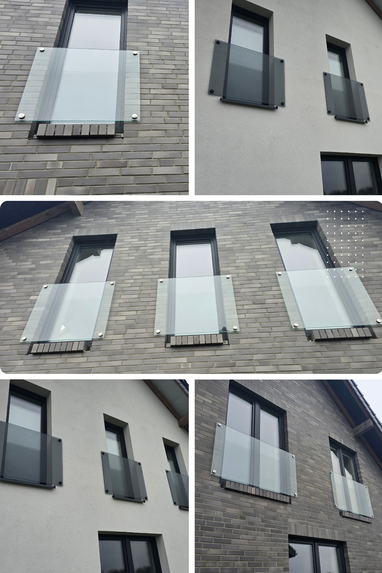 Szklane balustrady okienne zamontowane na elewacji budynku, widoczne mocowania punktowe szkła, różne rodzaje elewacji: cegła i tynk.