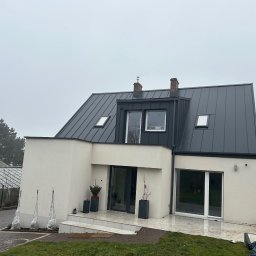 MICHAŁ DEMBEK USŁUGI BUDOWLANE - Nowoczesny dom z ciemnym dachem i jasną elewacją w pochmurny dzień. Widoczne okna dachowe, kominy i rośliny w donicach przy wejściu.