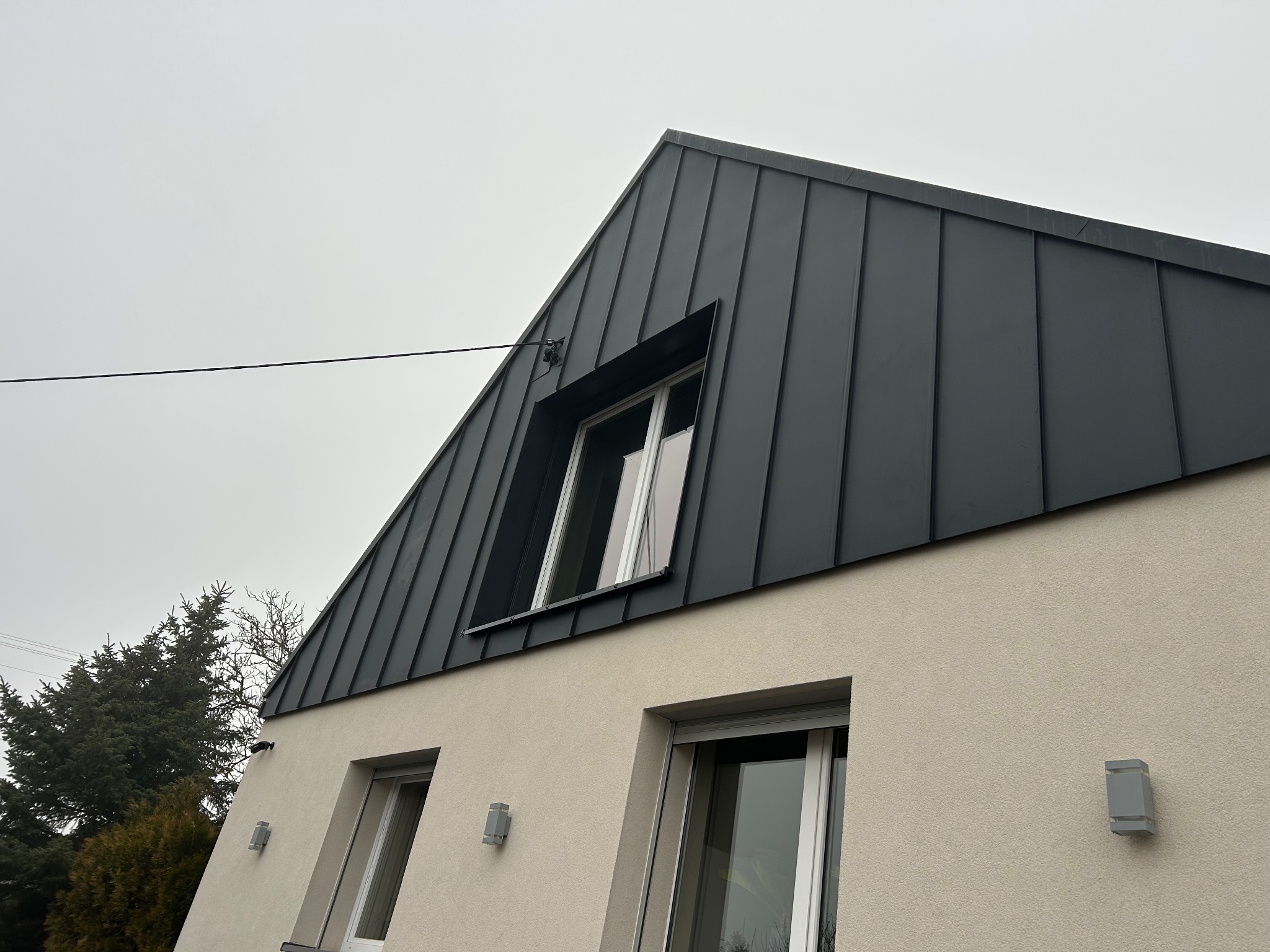 Nowoczesny dom z ciemnoszarą, pionowo żłobkowaną blachą na dachu i jasną elewacją. Widoczne okna i oświetlenie zewnętrzne. Ujęcie z dołu, pochmurne niebo w tle.