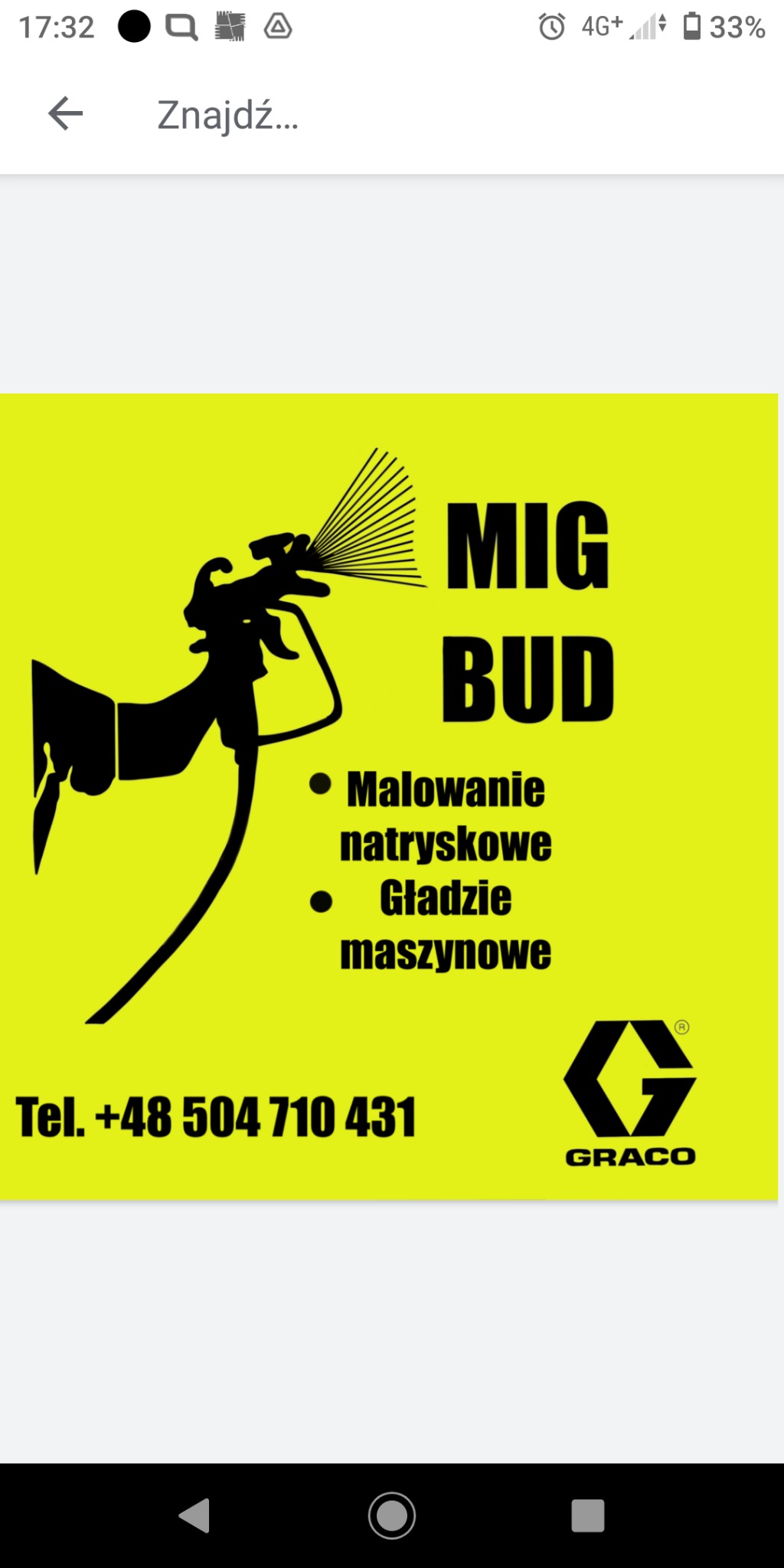 Grafika reklamowa firmy MIG BUD oferującej malowanie natryskowe i gładzie maszynowe, z ilustracją pistoletu natryskowego i logo Graco.