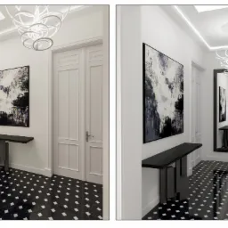 Nowoczesny przedpokój z czarno-białą podłogą w romby, abstrakcyjnym obrazem nad konsolą i lustrem powiększającym przestrzeń.