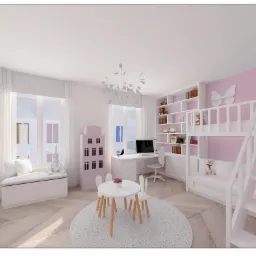Wizualizacja pokoju dziecięcego w pastelowych kolorach z łóżkiem piętrowym, biurkiem, okrągłym dywanem i meblami w kształcie domku.