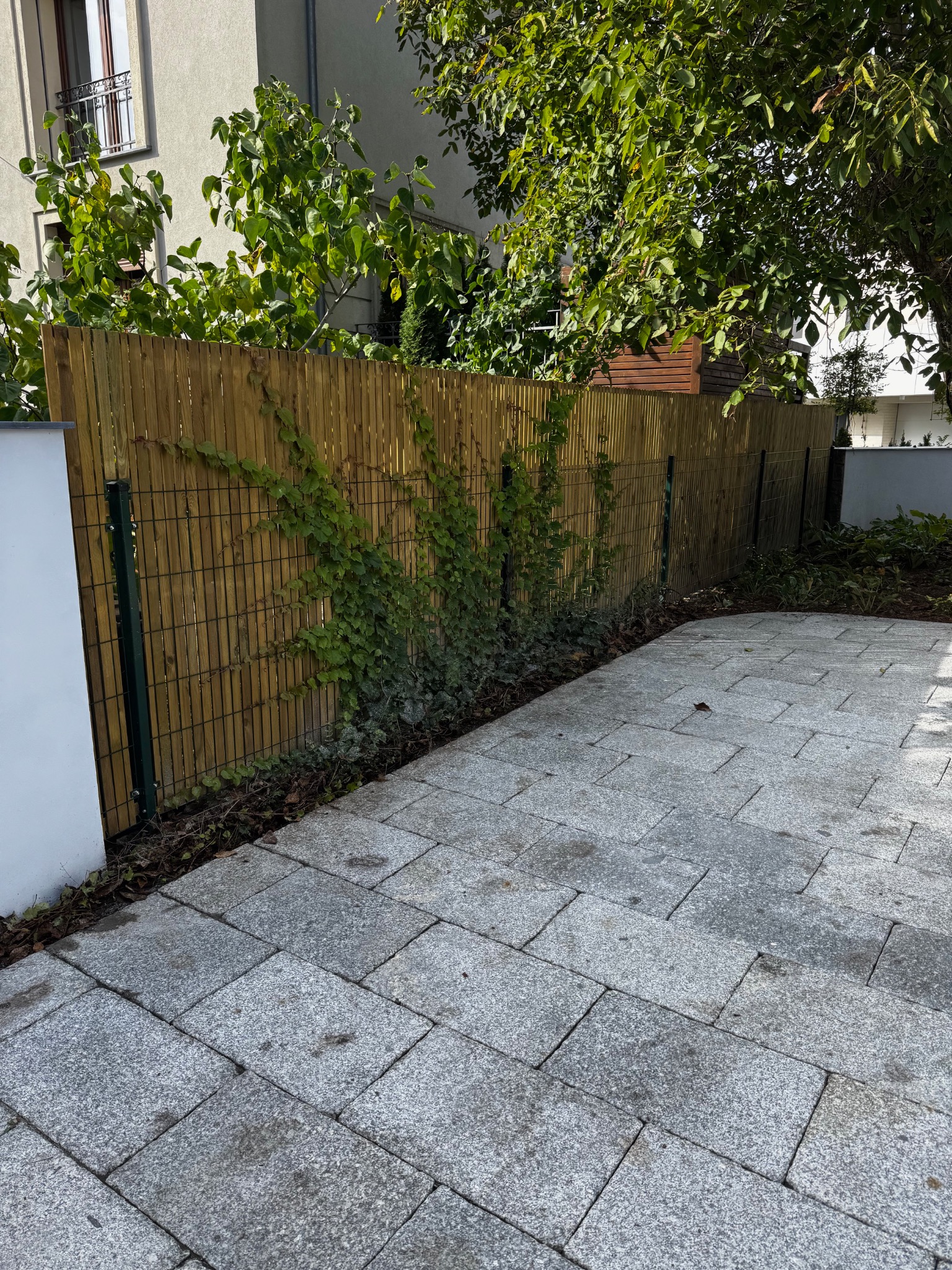 Drewniano-metalowe ogrodzenie z zielonymi pnączami, widok z boku na szary chodnik z kostki. Elementy konstrukcyjne w kolorze ciemnej zieleni.