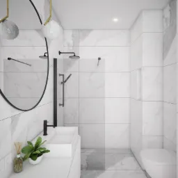 Wizualizacja nowoczesnej łazienki z marmurowymi płytkami, czarną armaturą i okrągłym lustrem, akcentem roślinnym i aromatyzerem. Widoczna kabina prysznicowa typu walk-in.