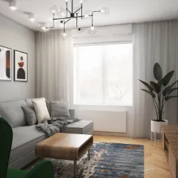 Jasny salon z szarą sofą, zielonym fotelem, drewnianym stolikiem kawowym, dywanem z niebieskimi i pomarańczowymi akcentami, oraz roślinami w białych donicach, oświetlony nowoczesną lampą sufitową.