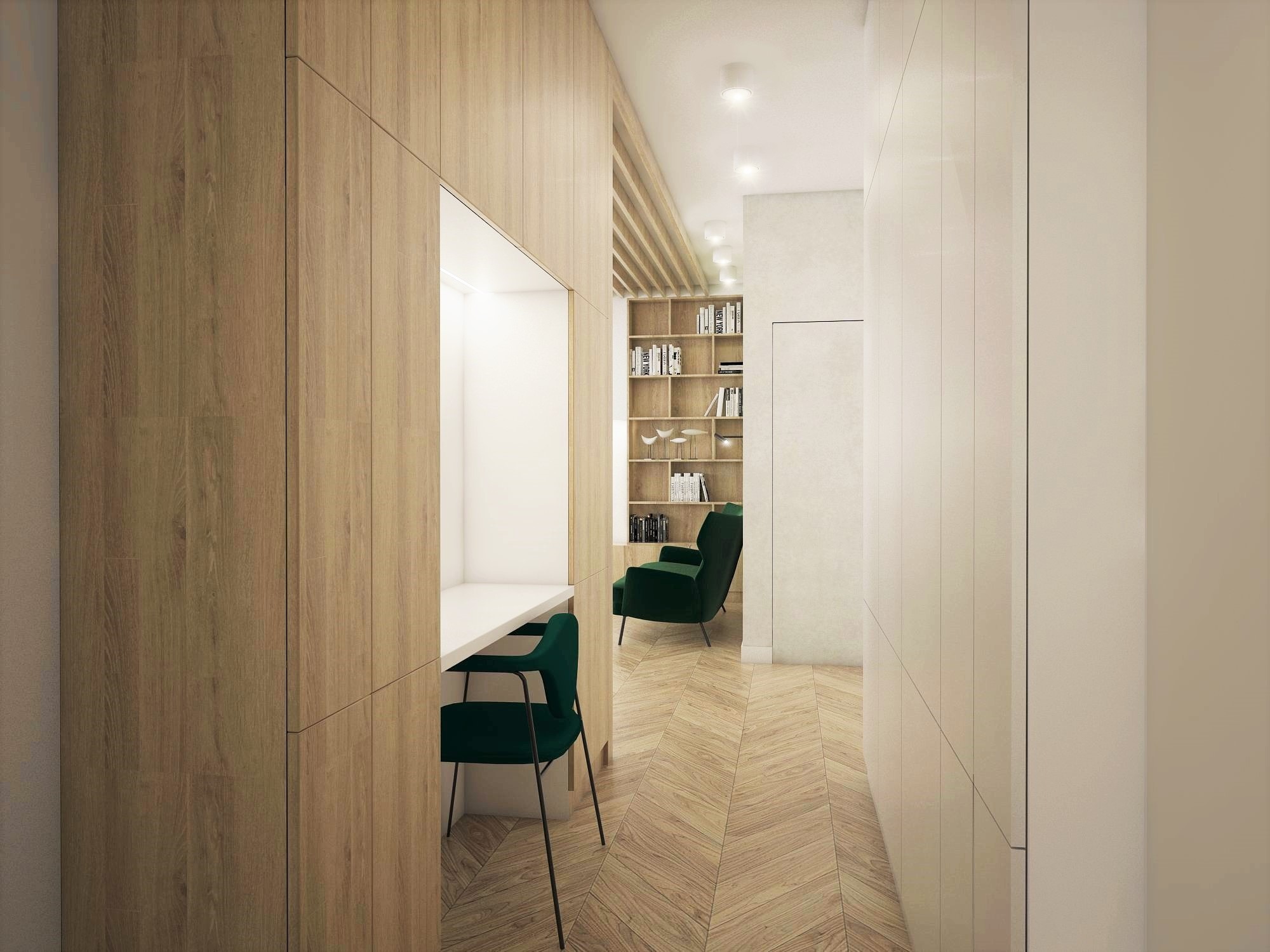 Nowoczesny korytarz z drewnianą zabudową, biurkiem wnękowym i zielonym fotelem w tle, parkiet w jodełkę, minimalistyczne oświetlenie sufitowe.