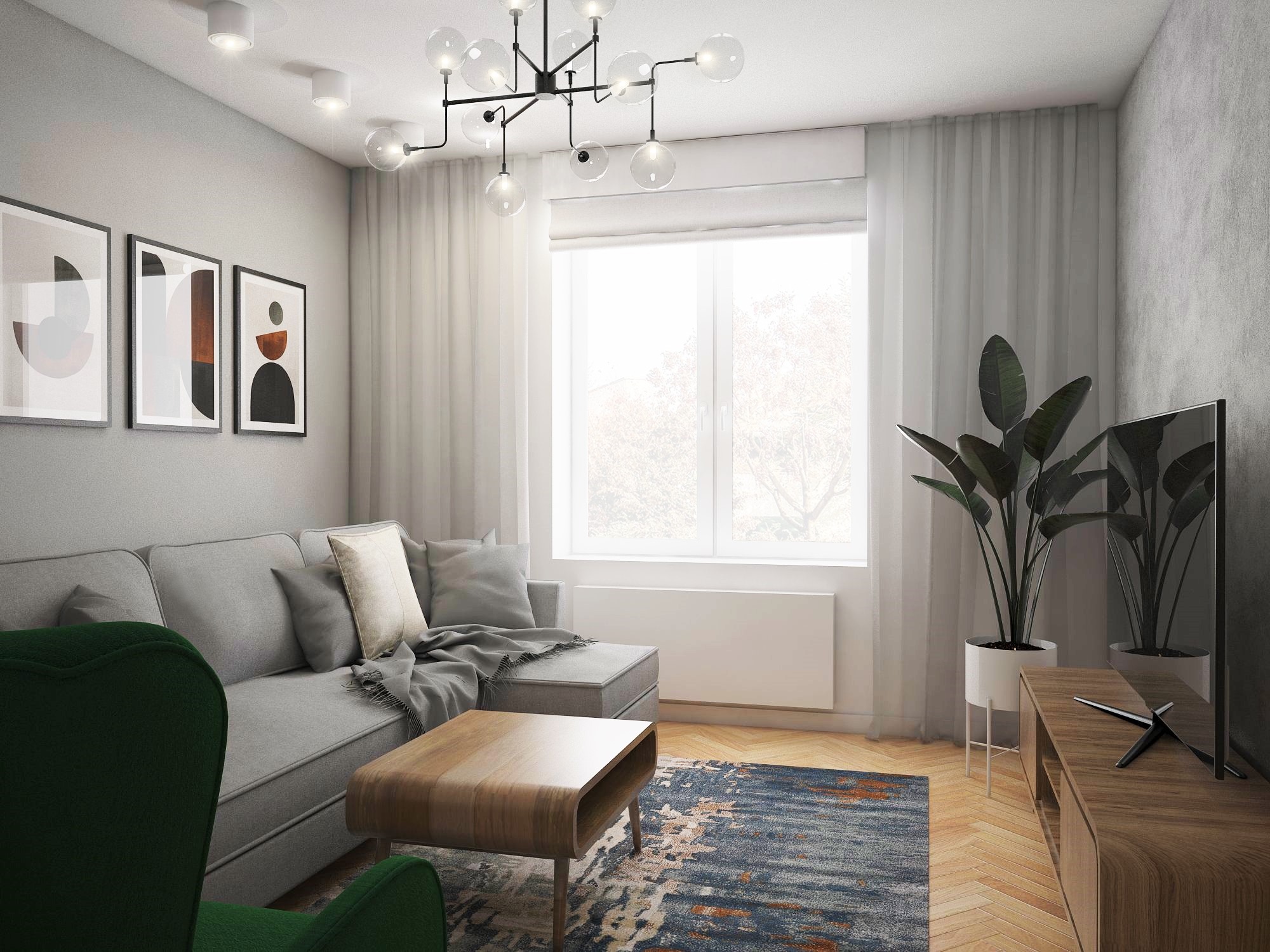 Jasny salon z szarą sofą, zielonym fotelem, drewnianym stolikiem kawowym, dywanem z niebieskimi i pomarańczowymi akcentami, oraz roślinami w białych donicach, oświetlony nowoczesną lampą sufitową.