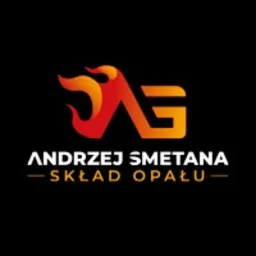 Logo firmy Andrzej Smetana - Skład Opału. Stylizowany płomień w kolorach pomarańczowo-czerwonych tworzący literę A, obok litera G. Całość na czarnym tle.