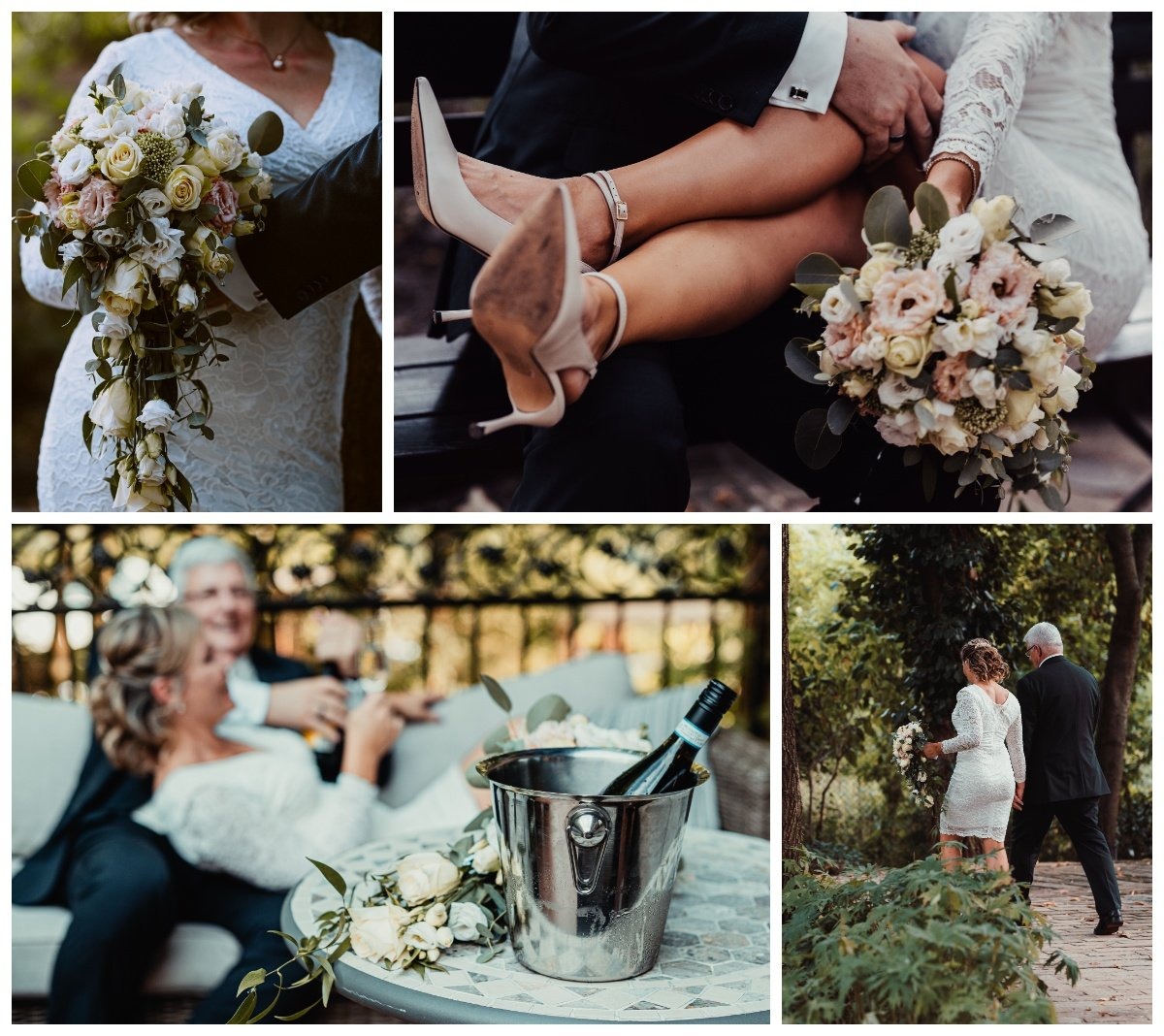 Kolaż zdjęć ze ślubu: bukiet panny młodej z kaskadowymi białymi różami, buty na obcasie z brudną podeszwą, toast wznoszony kieliszkiem wina, para młoda spacerująca po ogrodzie.