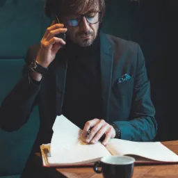 Mężczyzna w garniturze i okularach rozmawia przez telefon, jednocześnie notując coś w otwartym kalendarzu na drewnianym stole. Obok stoi filiżanka kawy, a w tle widać zieloną ścianę.