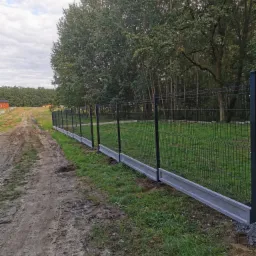 Nowo postawione, czarne ogrodzenie z paneli siatkowych z podmurówką betonową, biegnące wzdłuż polnej drogi, na tle drzew i budynku w oddali.
