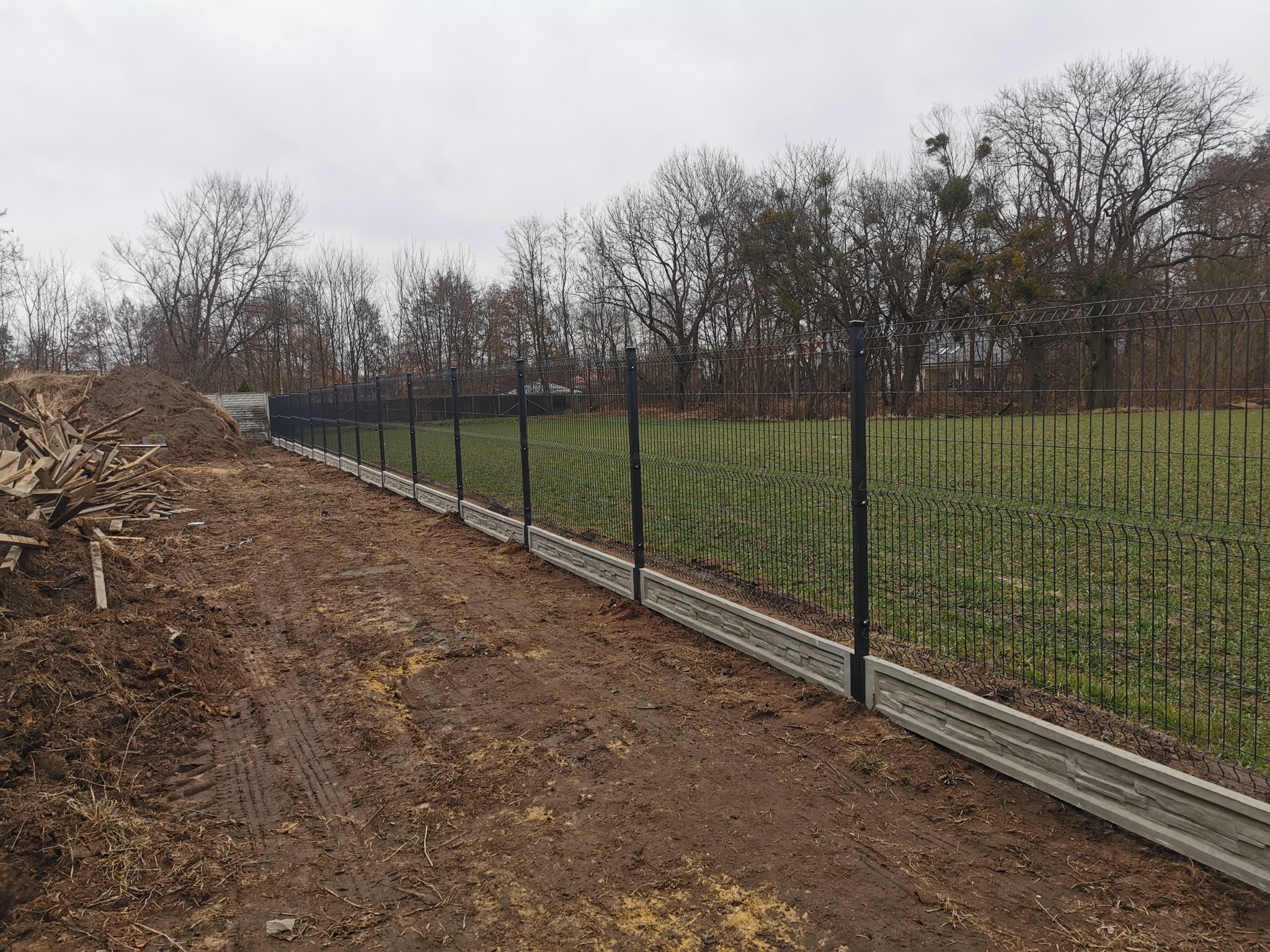 Nowo postawione, czarne ogrodzenie panelowe z betonową podmurówką na nierównym, błotnistym terenie. W tle trawnik i drzewa bez liści pod pochmurnym niebem. Po lewej stronie stos drewna.