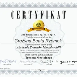Certyfikat ukończenia Akademii Trenerów Mentalnych z logo #MentalPower, podpisany przez Tomasza Misztala, Anetę Moniuszko, Daniela Janika i Jakuba B. Bączka, wydany w Warszawie, lipiec 2021.
