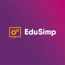 Logo EduSimp: ikona otwartej książki z dwiema zazębiającymi się zębatkami wewnątrz, obok biały napis EduSimp na fioletowo-różowym tle.