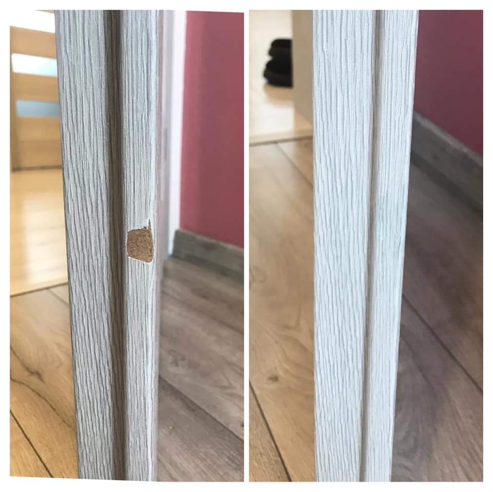 Uszkodzona okleina na ramie drzwiowej przed i po naprawie. Widoczne drewno pod okleiną. Na drugim ujęciu rama po naprawie.