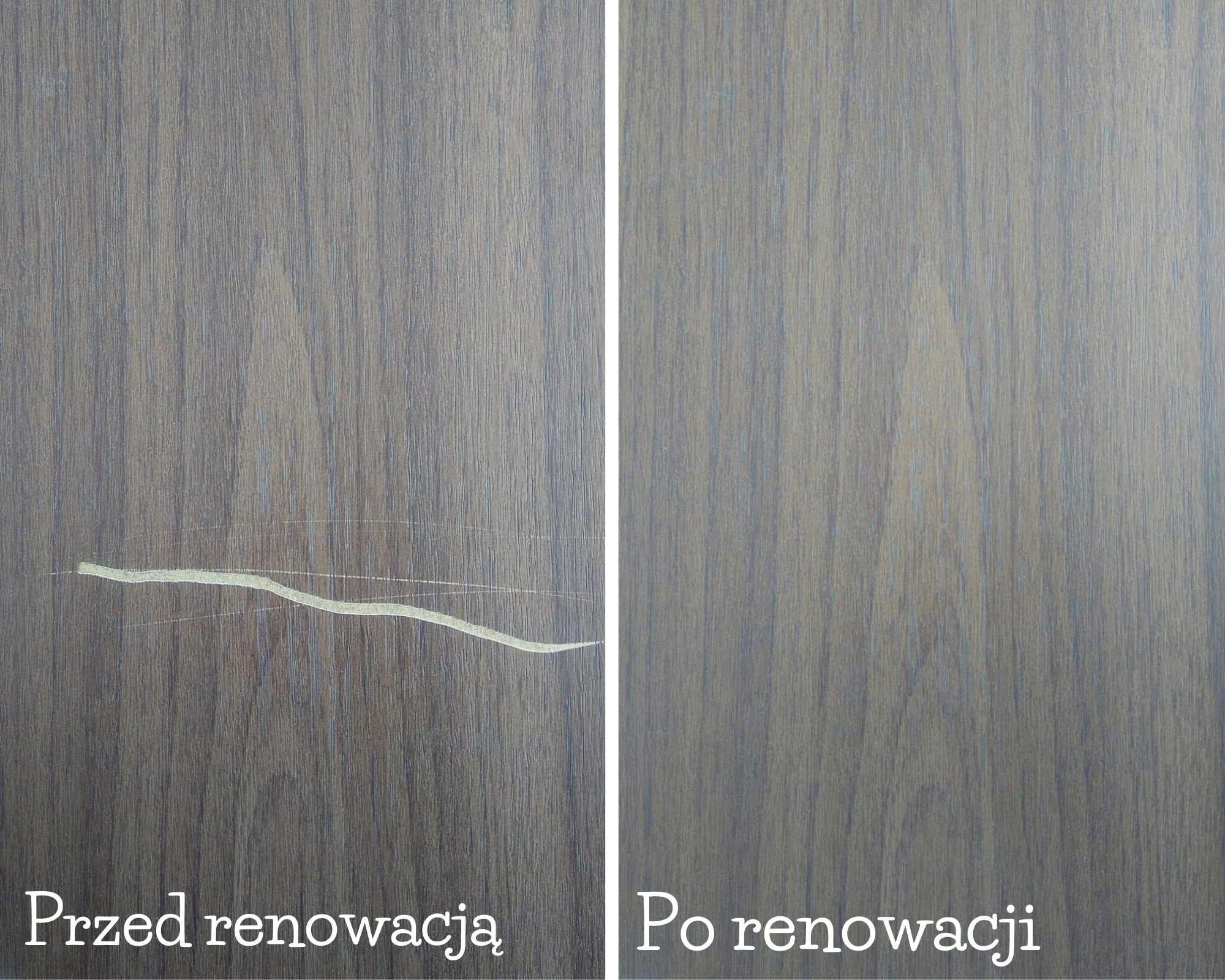 Porównanie stanu drewnianej powierzchni przed i po renowacji: zarysowanie widoczne po lewej stronie, gładka powierzchnia po prawej.
