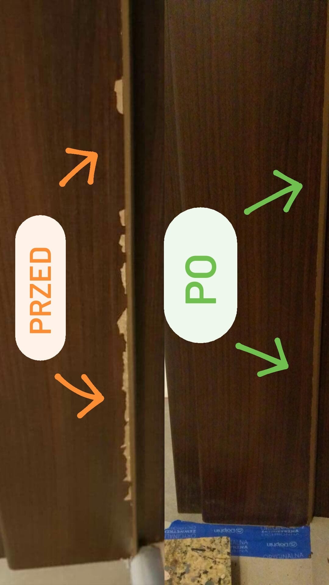 Renowacja obrzeża meblowego: porównanie stanu 'przed' z uszkodzeniami i 'po' naprawie, ukazujące gładką, odnowioną powierzchnię.