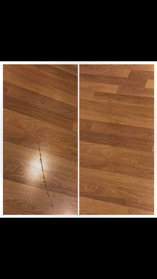Porównanie uszkodzonej i naprawionej podłogi laminowanej w Ostrowie Wielkopolskim, widoczna długa szczelina przed naprawą i gładka powierzchnia po renowacji.
