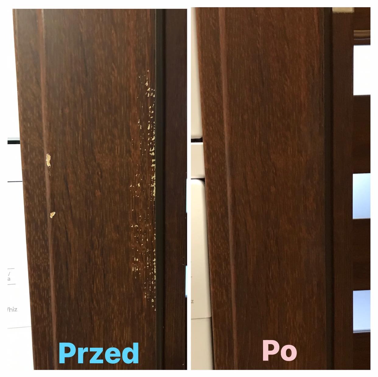 Renowacja ramy drzwiowej z widocznymi uszkodzeniami przed i po naprawie: po lewej stronie widoczne odpryski i zarysowania, po prawej gładka, odnowiona powierzchnia w kolorze ciemnego drewna.