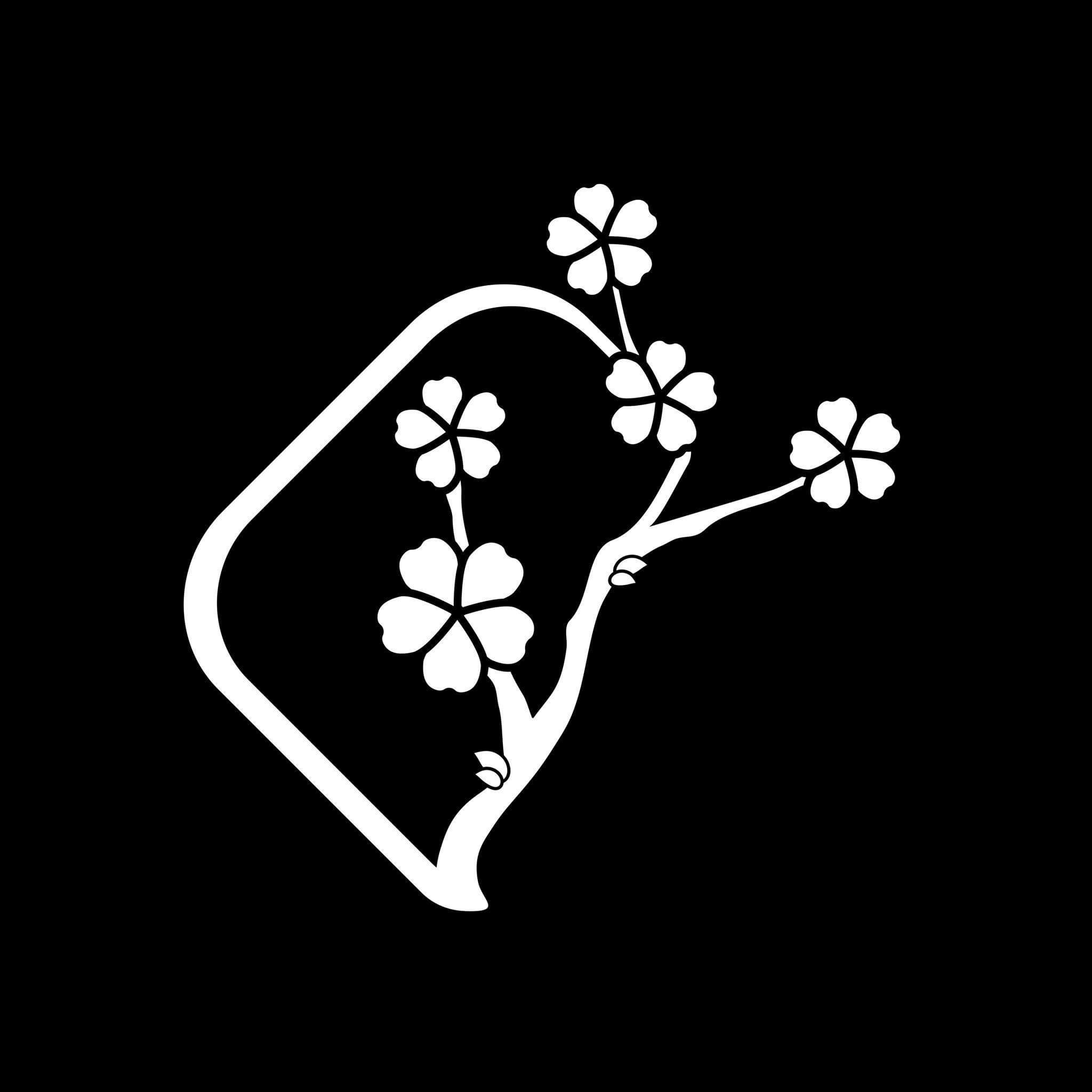 Minimalistyczny, biały symbol kwitnącej gałązki na czarnym tle, przypominający logo.