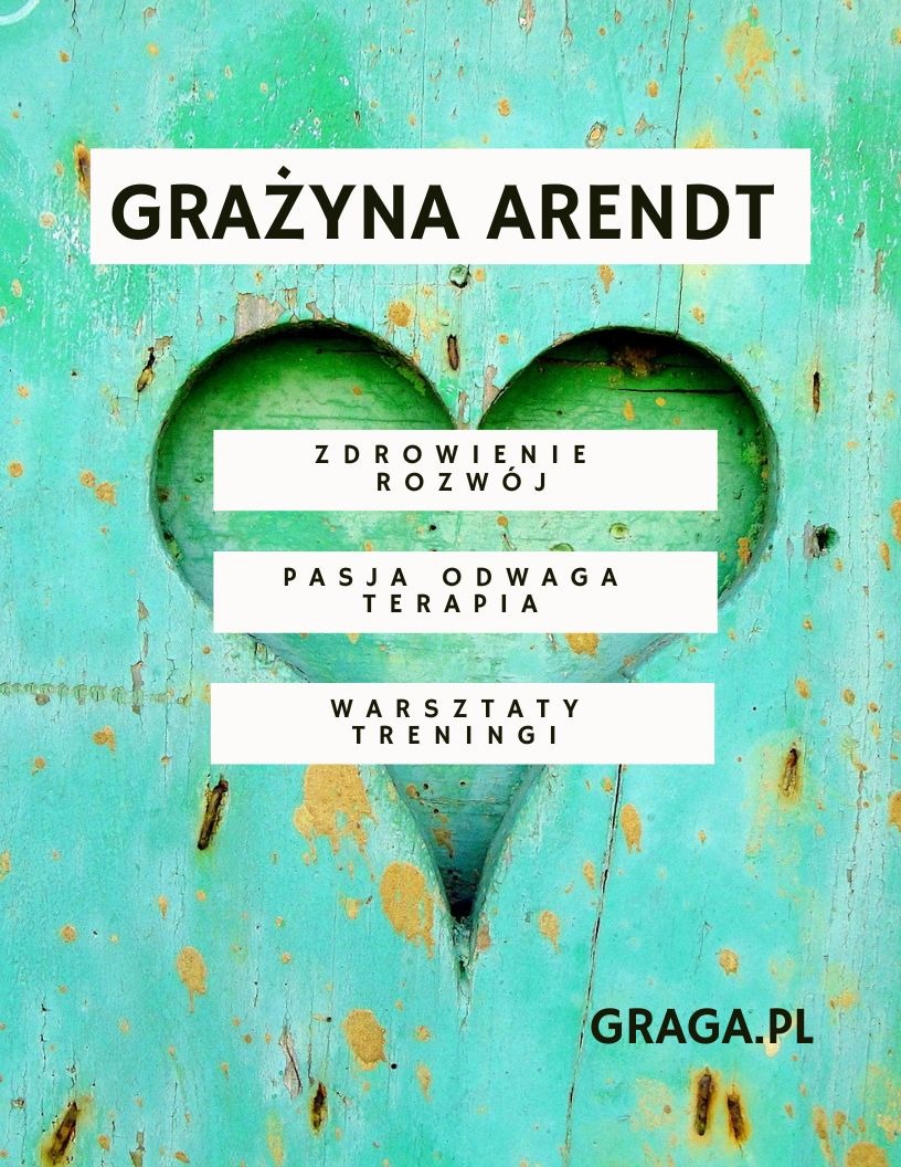 Grafika na turkusowym, zniszczonym tle z motywem serca, zawierająca imię Grażyna Arendt, słowa: zdrowienie, rozwój, pasja, odwaga, terapia, warsztaty, treningi oraz adres strony graga.pl.