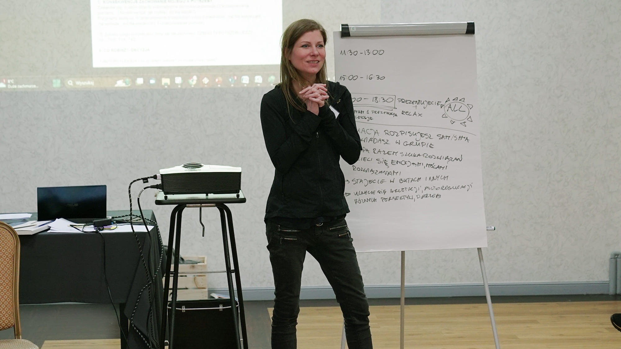 Kobieta w ciemnym stroju stoi przed flipchartem z odręcznymi notatkami podczas prezentacji, z projektorem i laptopem w tle.