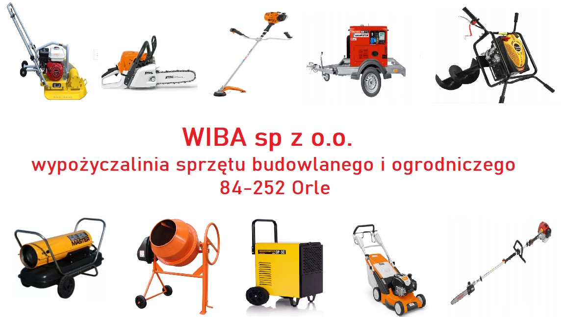 Kompilacja sprzętu budowlanego i ogrodniczego na białym tle, w tym zagęszczarka, piła łańcuchowa, kosa spalinowa, agregat prądotwórczy na przyczepie, świder glebowy, nagrzewnica, betoniarka...