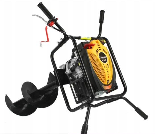 Wiertnica glebowa spalinowa z czarnym wiertłem i żółto-czarnym silnikiem, widok z góry na białym tle.