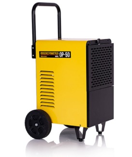 Żółty osuszacz powietrza OP-50 na kółkach, z czarnymi elementami, widoczny na białym tle.