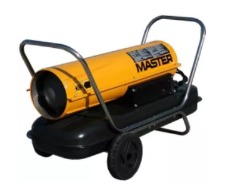 Żółta nagrzewnica olejowa MASTER na czarnym wózku z uchwytami, widok z boku, na białym tle.