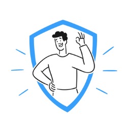 Uśmiechnięty mężczyzna w koszulce, gestykulujący OK, umieszczony wewnątrz stylizowanej tarczy ochronnej z promieniami.