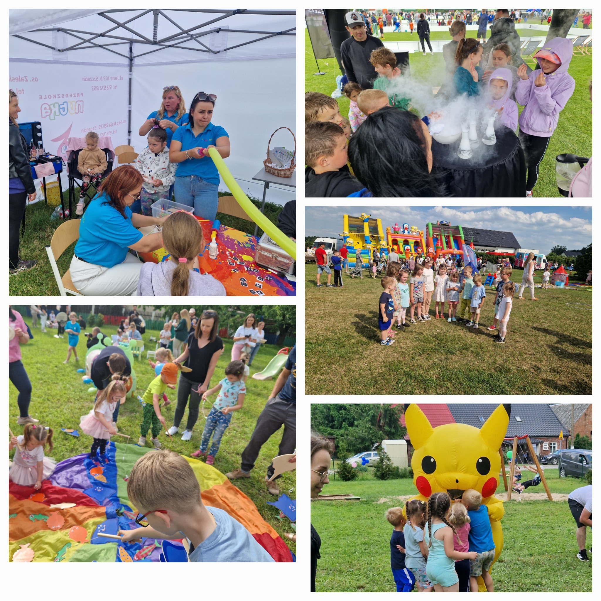 Kolaż zdjęć z imprezy plenerowej dla dzieci: malowanie twarzy, dmuchańce, eksperymenty naukowe i zabawy z animatorem w kostiumie Pikachu.