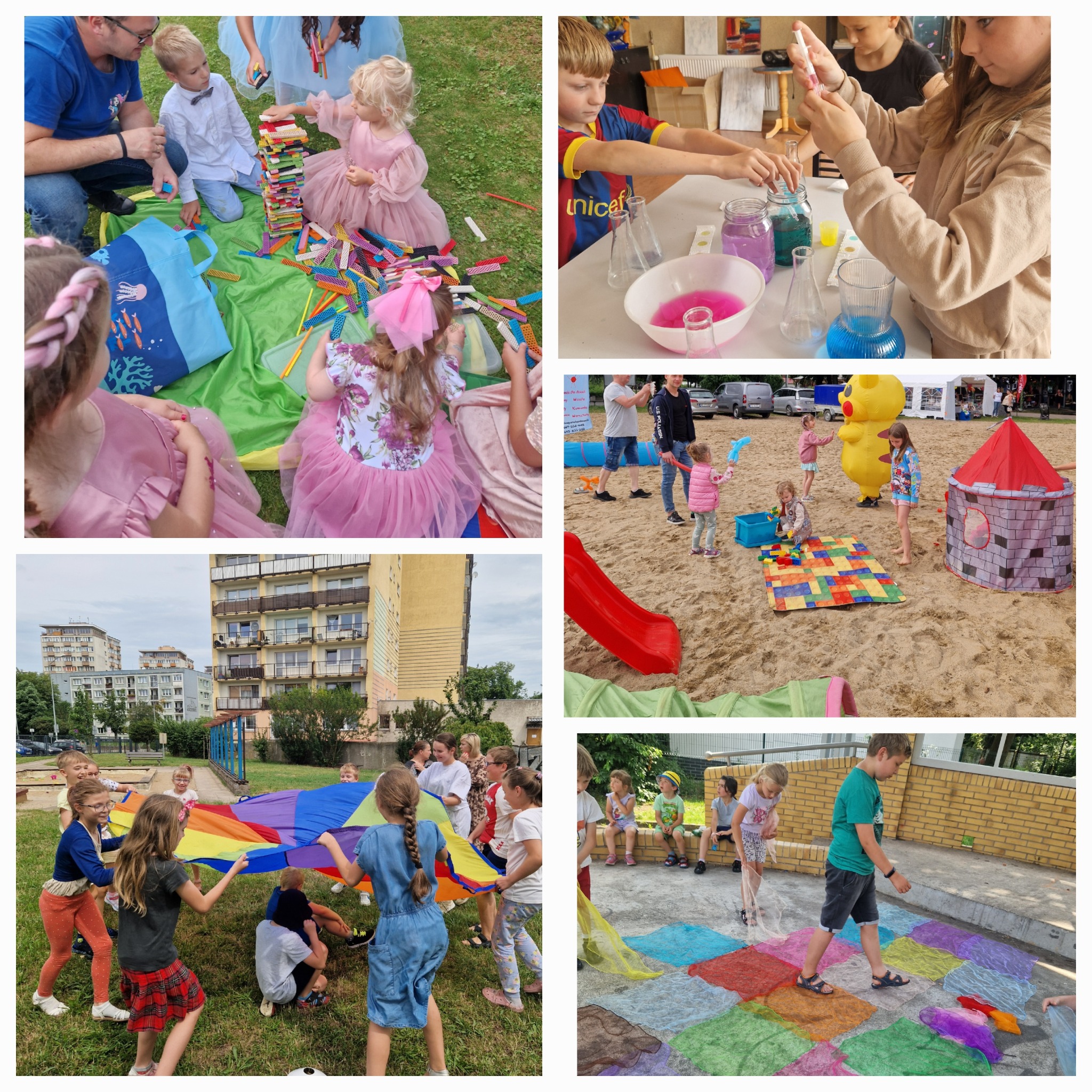 Kolaż z sześciu zdjęć przedstawiających dzieci podczas różnych zabaw: budowanie z klocków, eksperymenty chemiczne, zabawy na piasku i z chustą animacyjną.
