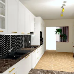 Wizualizacja kuchni z białymi szafkami, złotymi uchwytami, czarnym blatem imitującym marmur i czarno-białymi płytkami ułożonymi w jodełkę na ścianie, widoczny zlew i płyta grzewcza.