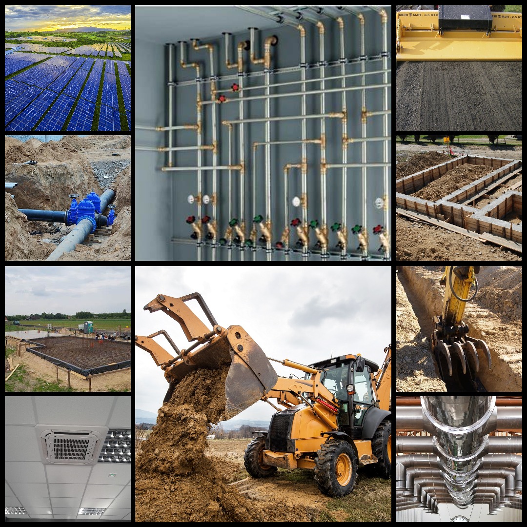 Kolaż zdjęć przedstawiających różne etapy prac instalacyjnych i budowlanych: farma paneli słonecznych o zachodzie słońca, rozbudowany system rur z zaworami, wyrównywanie terenu pod budowę, wykop...