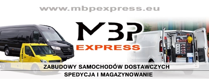 Flota samochodów dostawczych: czarny van, żółta laweta i biały bus z otwartymi drzwiami, prezentacja zabudowy warsztatowej, logo firmy MBP Express i adres strony internetowej.
