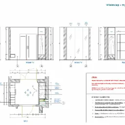 Rzut i przekroje szafy wnękowej z wymiarami, widok z góry i z boku, opis materiałów wykończeniowych.