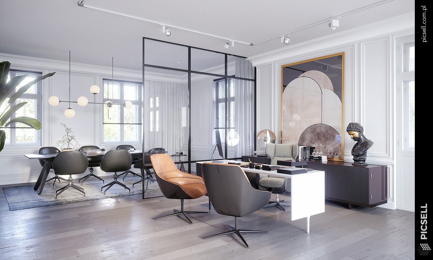 Jasne, przestronne biuro z przeszklonymi ścianami działowymi, nowoczesnym oświetleniem i minimalistycznym wystrojem, w tym biurka, krzesła obrotowe i abstrakcyjne dzieło sztuki.