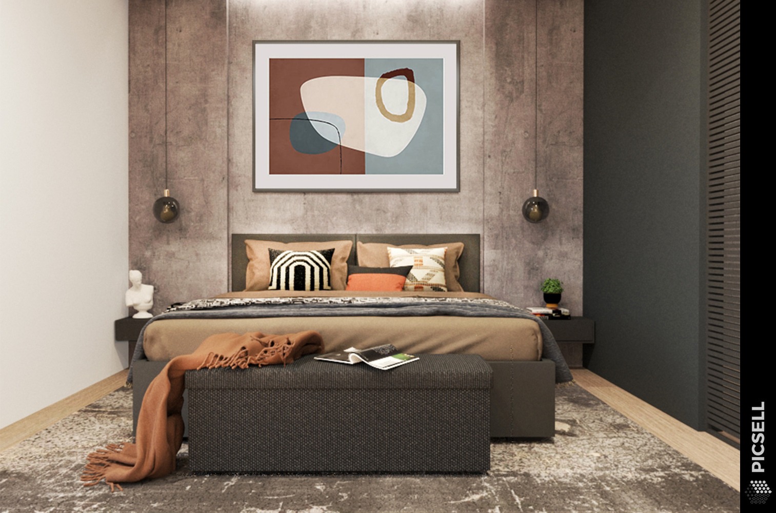 Nowoczesna sypialnia z łóżkiem w odcieniach beżu, szarości i brązu, z abstrakcyjnym obrazem nad wezgłowiem i pufą z książką w nogach łóżka.