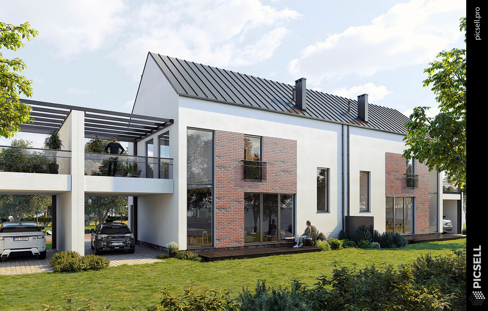 Wizualizacja nowoczesnego domu dwurodzinnego z białymi ścianami, elementami z cegły, dużymi oknami, balkonem z pergolą, tarasem i samochodami zaparkowanymi w wiatach.