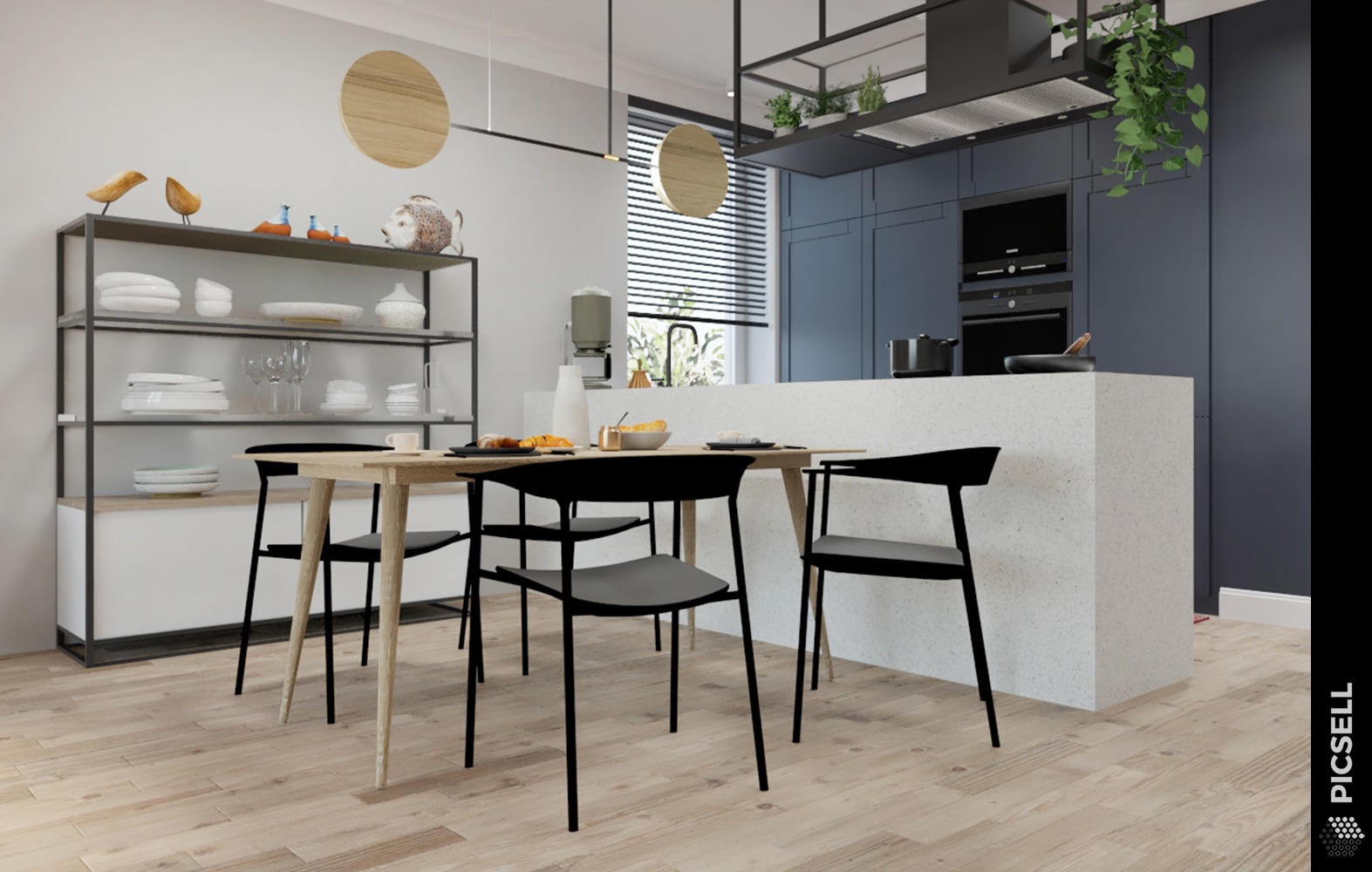 Nowoczesna kuchnia w odcieniach szarości z drewnianym stołem i czarnymi krzesłami, wyspa z blatem w kolorze terrazzo, wiszące lampy z drewnianymi akcentami, półka z dekoracjami i naczyniami.