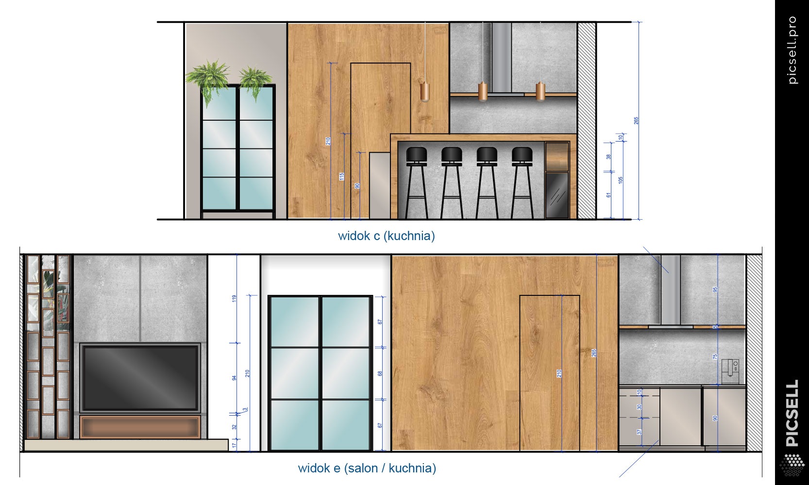Rzut pionowy kuchni i salonu z elementami drewnianymi, betonową ścianą, barkiem z hokerami i oknem z roślinami, zawierający wymiary poszczególnych elementów.