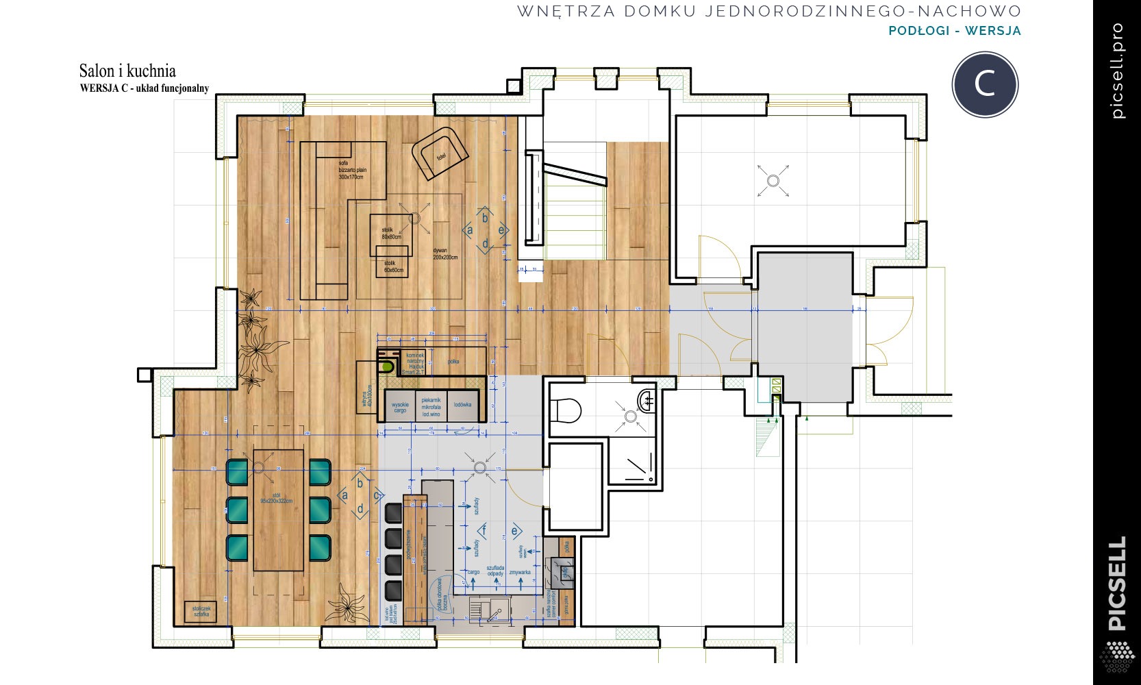 Rzut z góry na plan funkcjonalny salonu z kuchnią w domku jednorodzinnym, wersja podłogi z wymiarami mebli i wyposażenia, z uwzględnieniem umiejscowienia kanapy, stołu, krzeseł, sprzętów kuchennych...