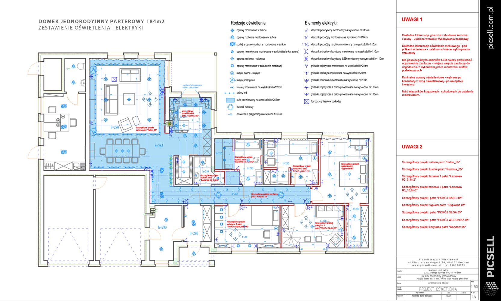 Plan oświetlenia i elektryki parterowego domu jednorodzinnego o powierzchni 184m2, z legendą symboli oświetlenia i elementów elektrycznych, uwzględniający rozmieszczenie opraw sufitowych, gniazd...