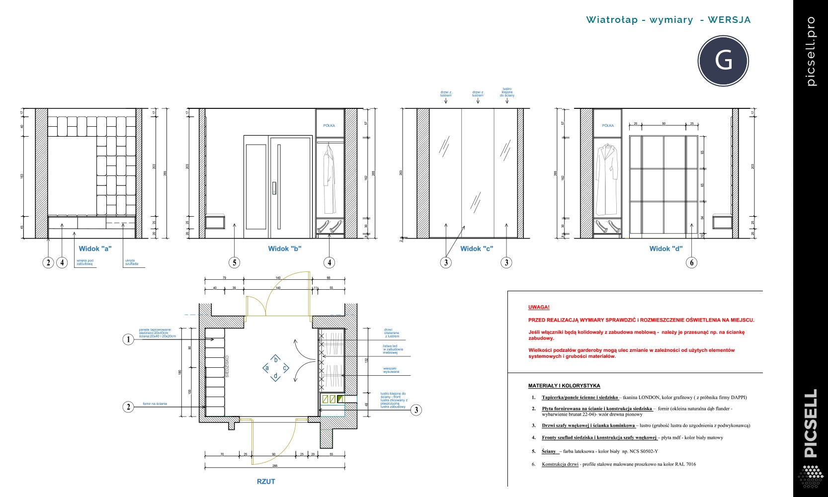 Rzut i przekroje szafy wnękowej z wymiarami, widok z góry i z boku, opis materiałów wykończeniowych.