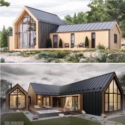 Solenwood Sp. z o. o - Dwa ujęcia nowoczesnego domu z elementami drewna i czarnej blachy w Nasielsku, z dużymi przeszkleniami i tarasem. Na dolnym ujęciu widoczny taras z jacuzzi.