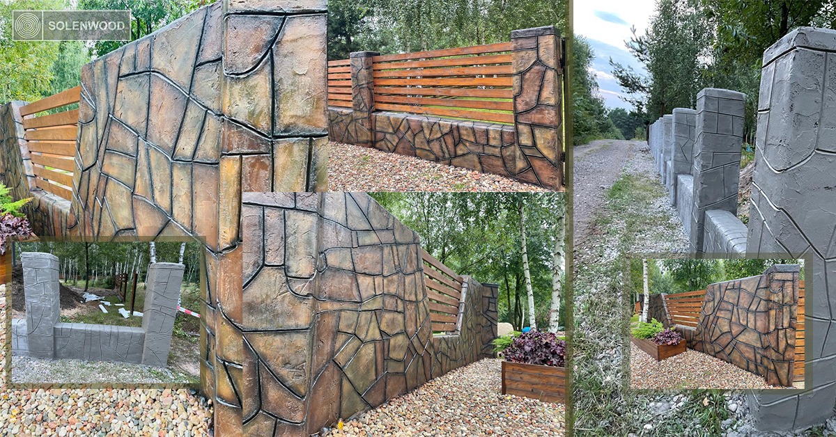 Nowoczesne ogrodzenie z betonowych elementów imitujących kamień, z drewnianymi przęsłami, otoczone zielenią i kamiennym podłożem, prezentowane w formie kolażu.