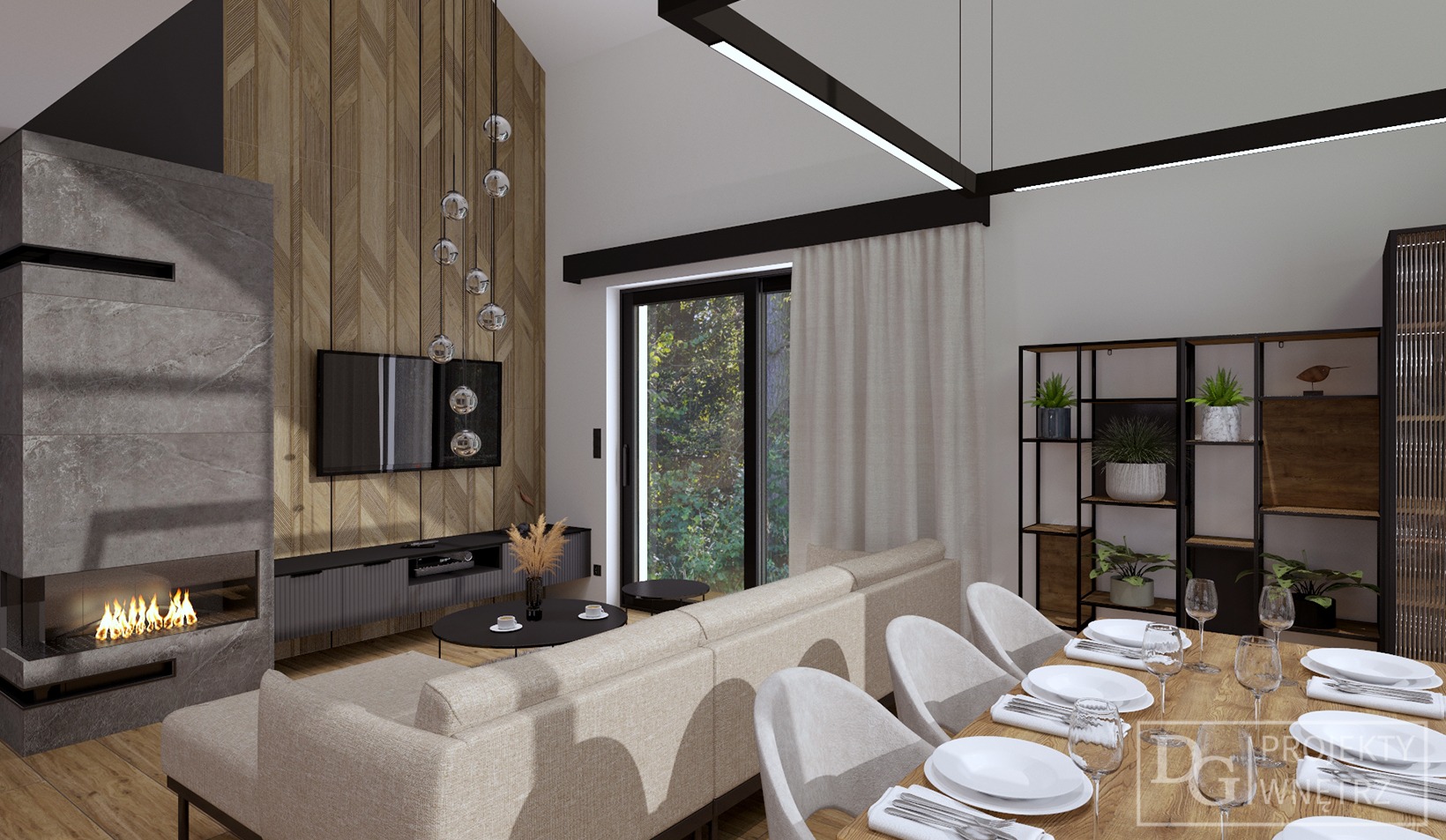 Wizualizacja salonu z kominkiem, drewnianą ścianą z telewizorem i stołem jadalnym. Nowoczesne oświetlenie i regał z roślinami dodają charakteru.
